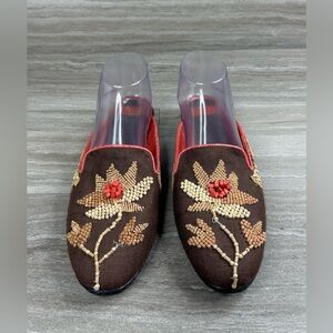 NEW* Beverly Feldman Beaded Canvas with Pink Snakeskin Trim Mules Womens Size 8